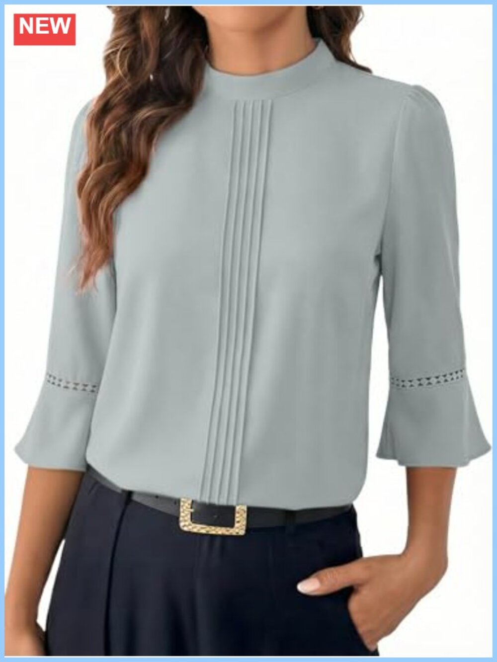 Women's 3/4 Sleeve Mock Neck Tunic Blouse with Lace Cuffs Business Casual